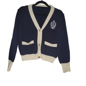 Women's Navy Cream V-Neck Cardigan Sweater Size Medium?